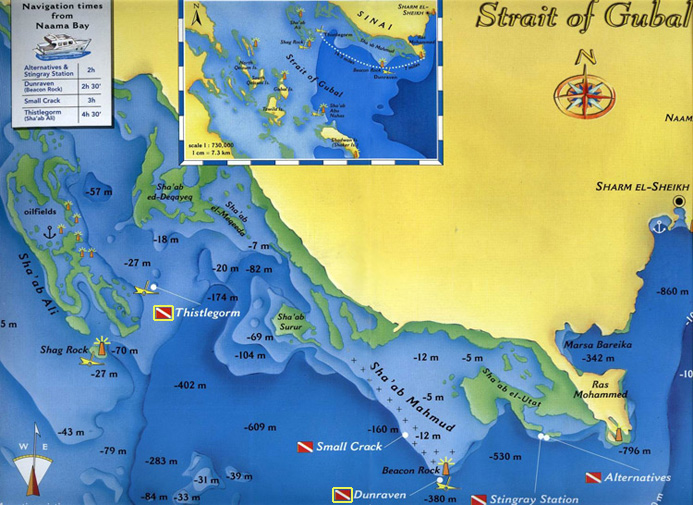 Duikplaats kaart van Straat van Gubal - Red Sea Divers International in Sharm el Sheikh, Egypte